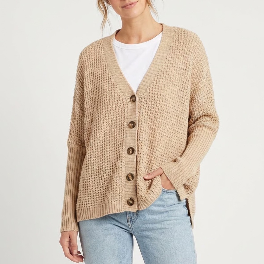 Honeycloth Cardigan Sweater Womens M/L Beige Waffle Knit Drop Shoulder V-Neck
